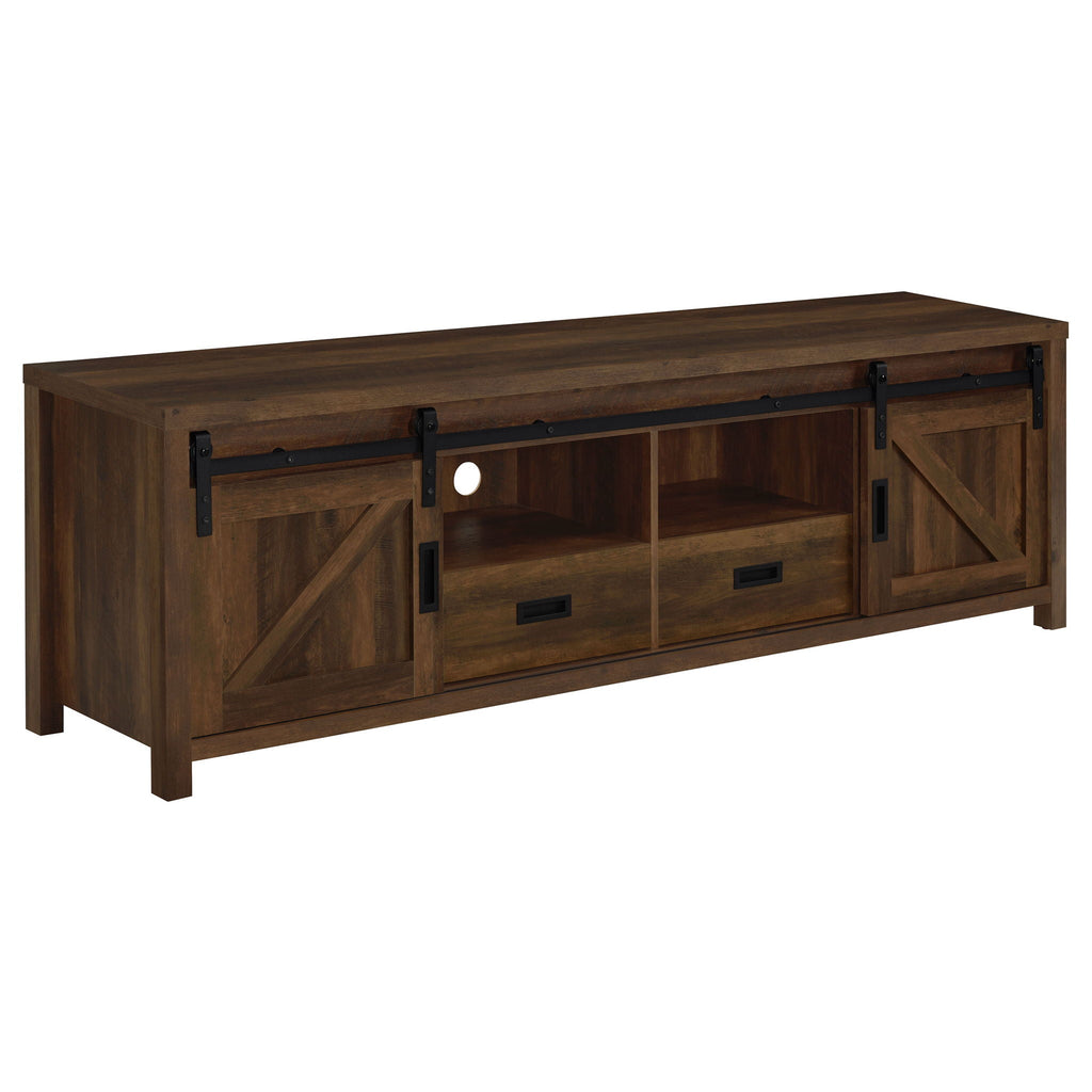Dark pine engineered wood TV stand with two doors, glassy shelves, and two drawers