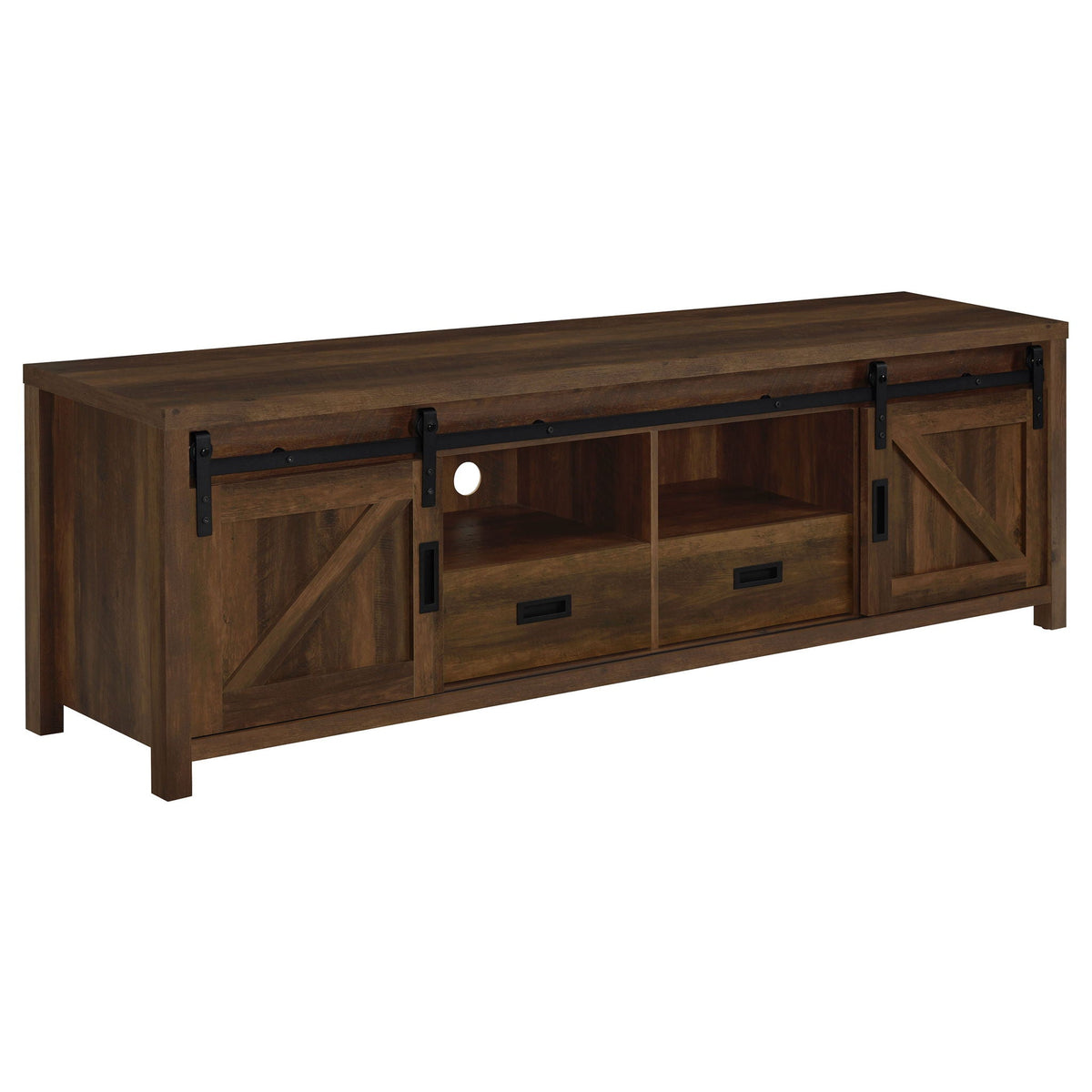 Dark pine engineered wood TV stand with two doors, glassy shelves, and two drawers
