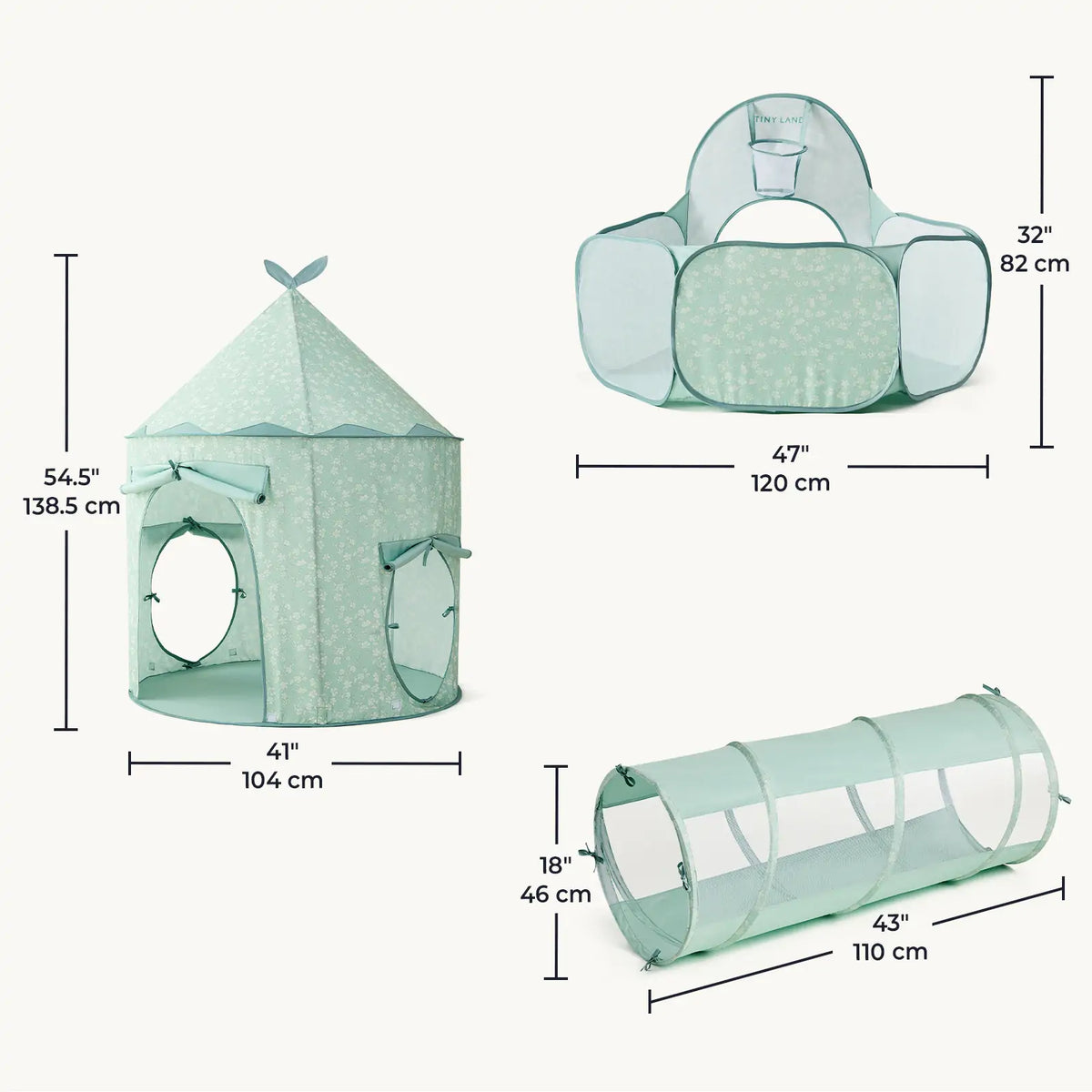Mint green play tunnel size chart for tent, play mat, and tunnel pieces