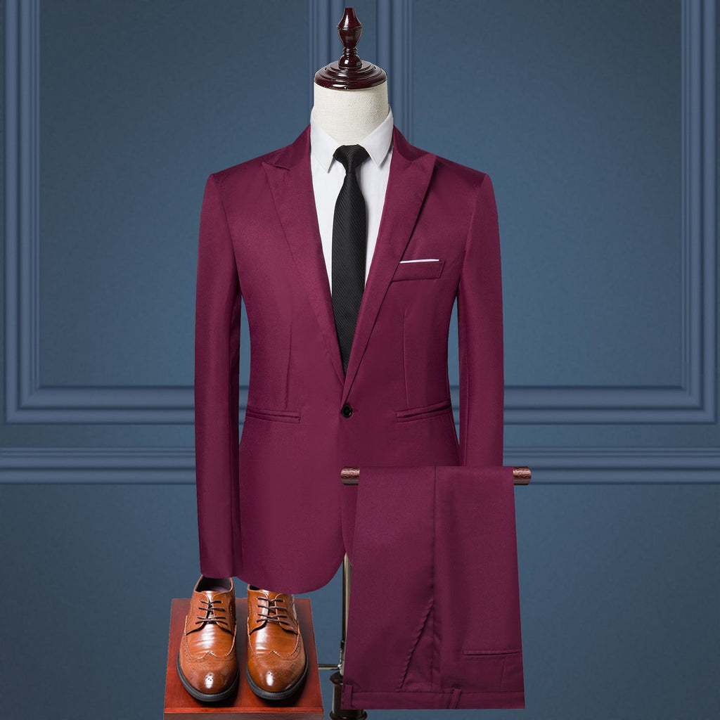 Men's burgundy two-piece suit set with matching blazer and shorts
