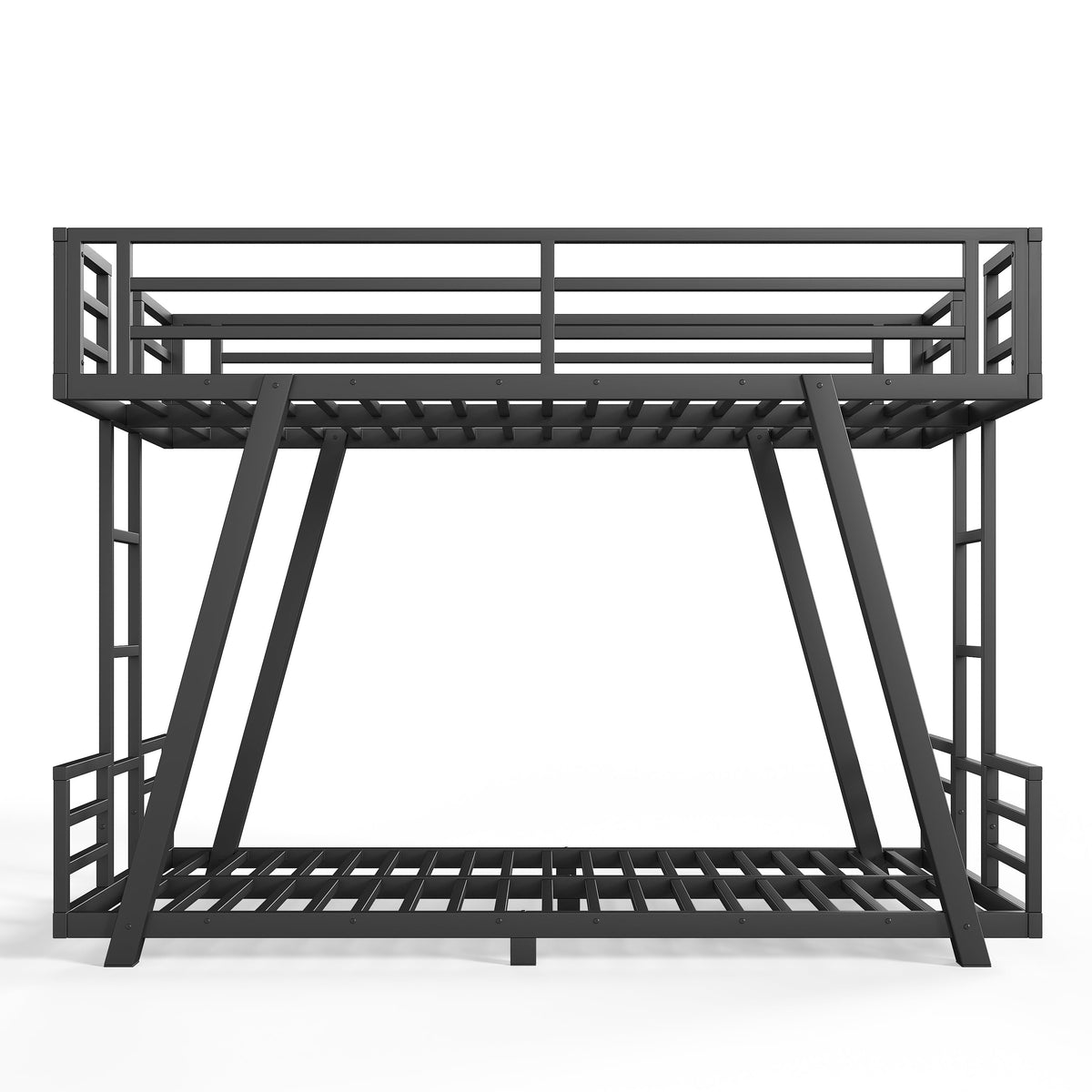 Front view of black metal bunk bed with guardrails, side ladders and slatted bases