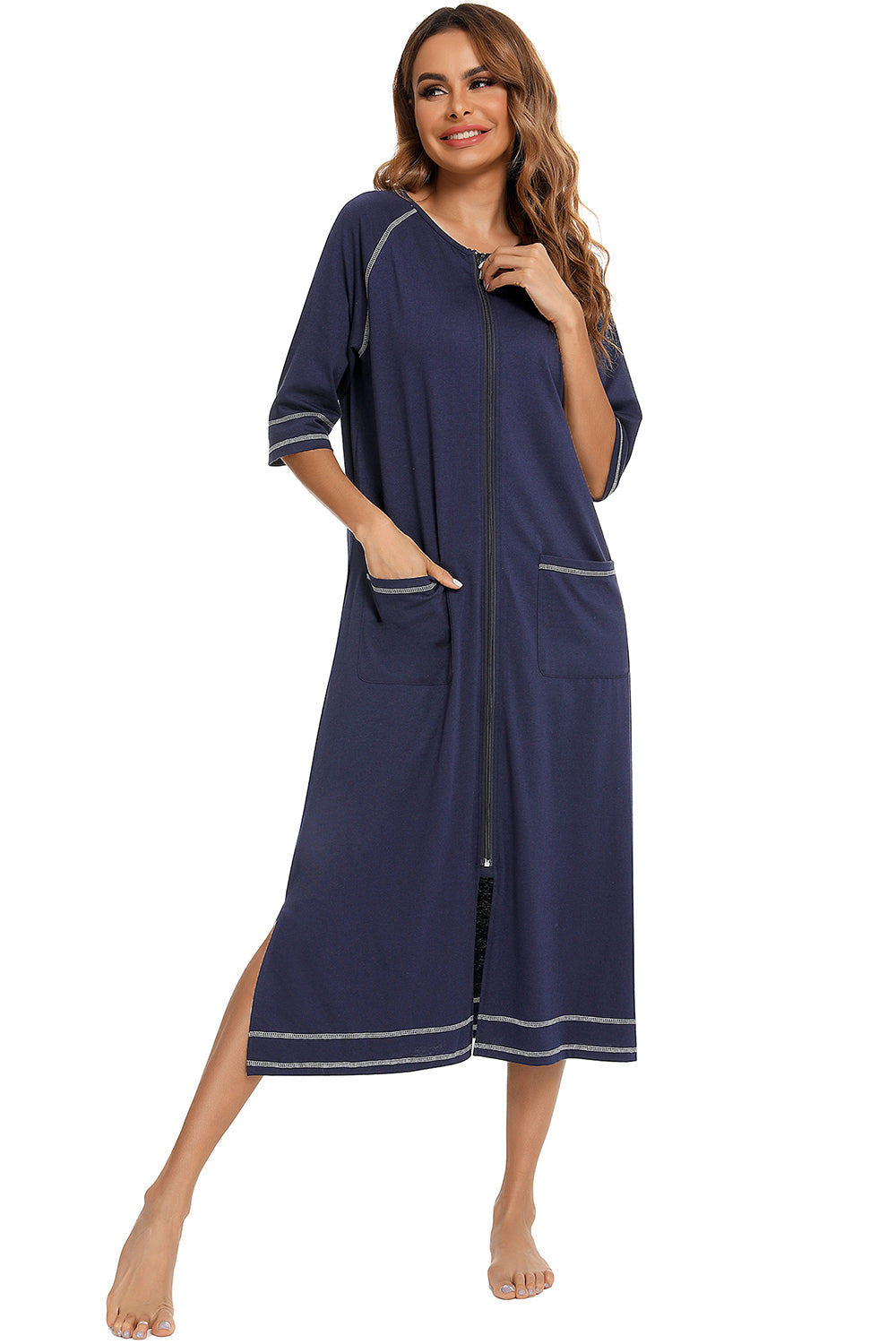 Dark navy zip-up round neck night dress with pockets, side slit, and contrast piping