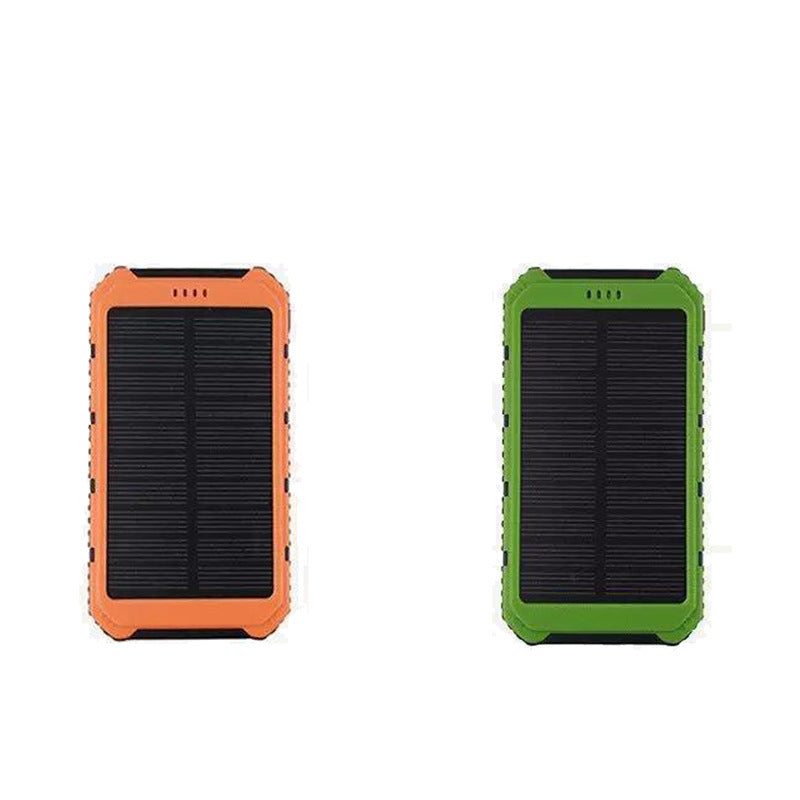 Rugged solar power banks in orange and green, shown with front solar panel panels.
