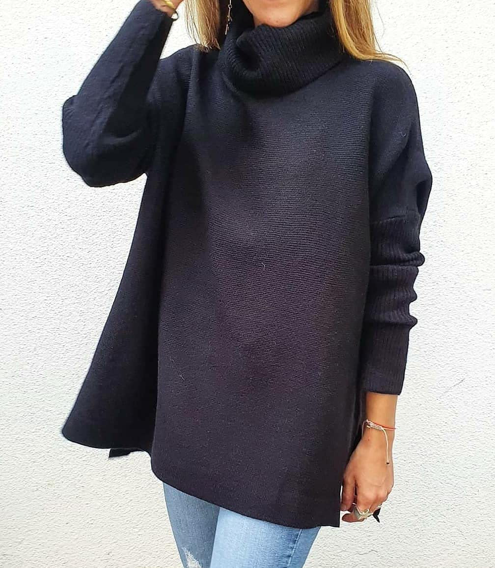 Dark navy ribbed knit turtleneck sweater tunic with long sleeves and side slit hem