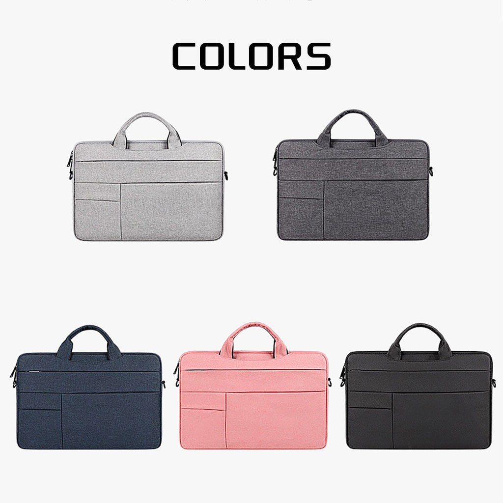 Laptop bag color assortment in gray, dark gray, blue, pink, and black, with handles