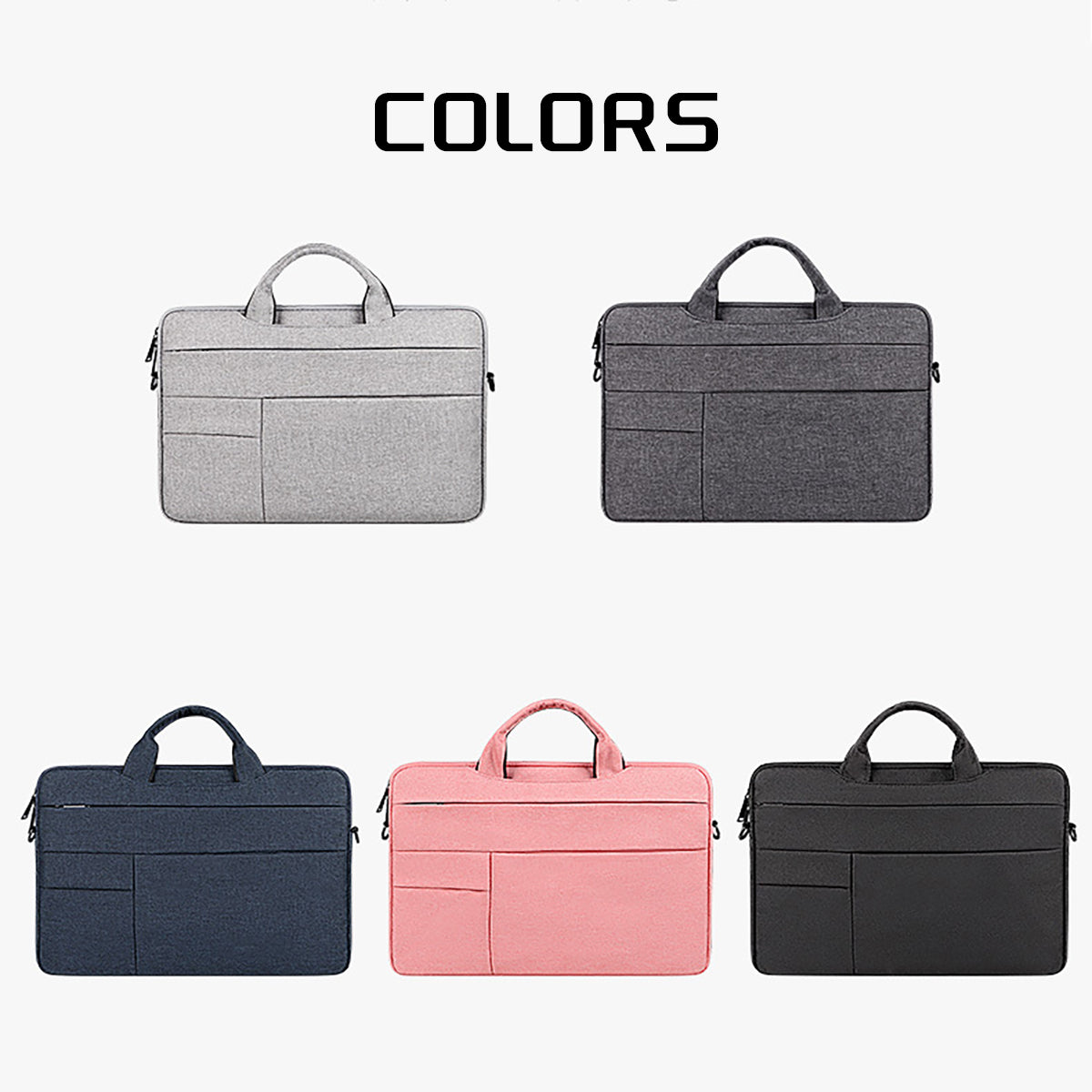 Laptop bag color assortment in gray, dark gray, blue, pink, and black, with handles