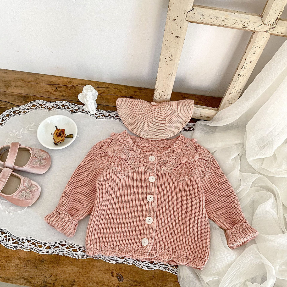 Pink knitted lace wool baby cardigan, button-front long sleeves