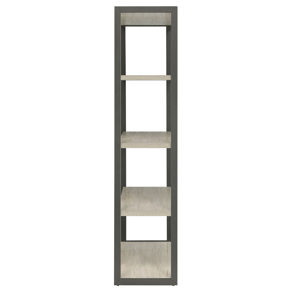 Vertical whitewashed grey 4-shelf bookshelf with dark metal frame and open shelves
