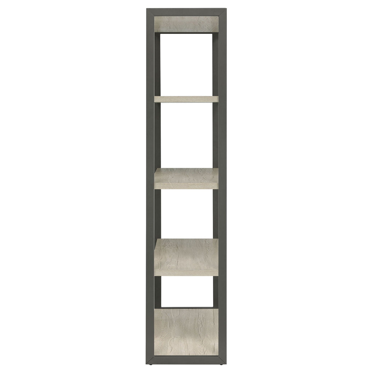 Vertical whitewashed grey 4-shelf bookshelf with dark metal frame and open shelves