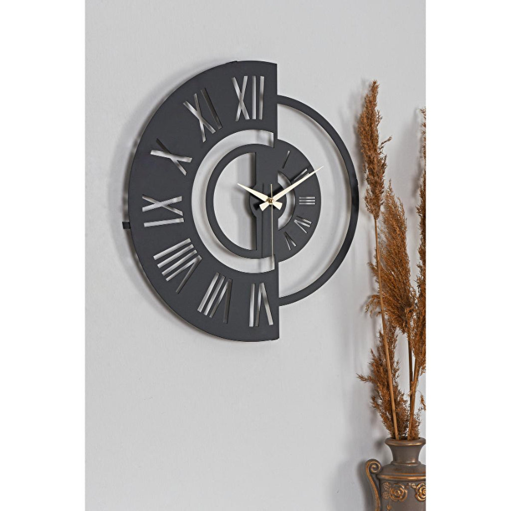 Gray-black modern silent wall clock with Roman numerals and gold-tone hands in circular frame