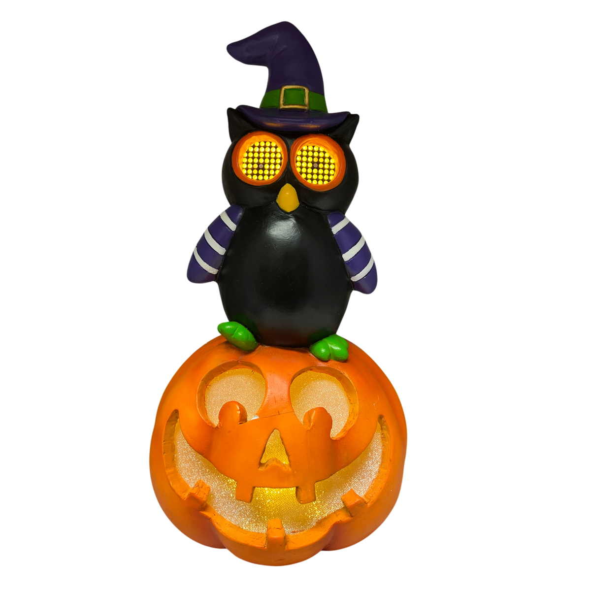 Halloween owl on pumpkin decoration with glowing digital eyes and purple striped sleeves