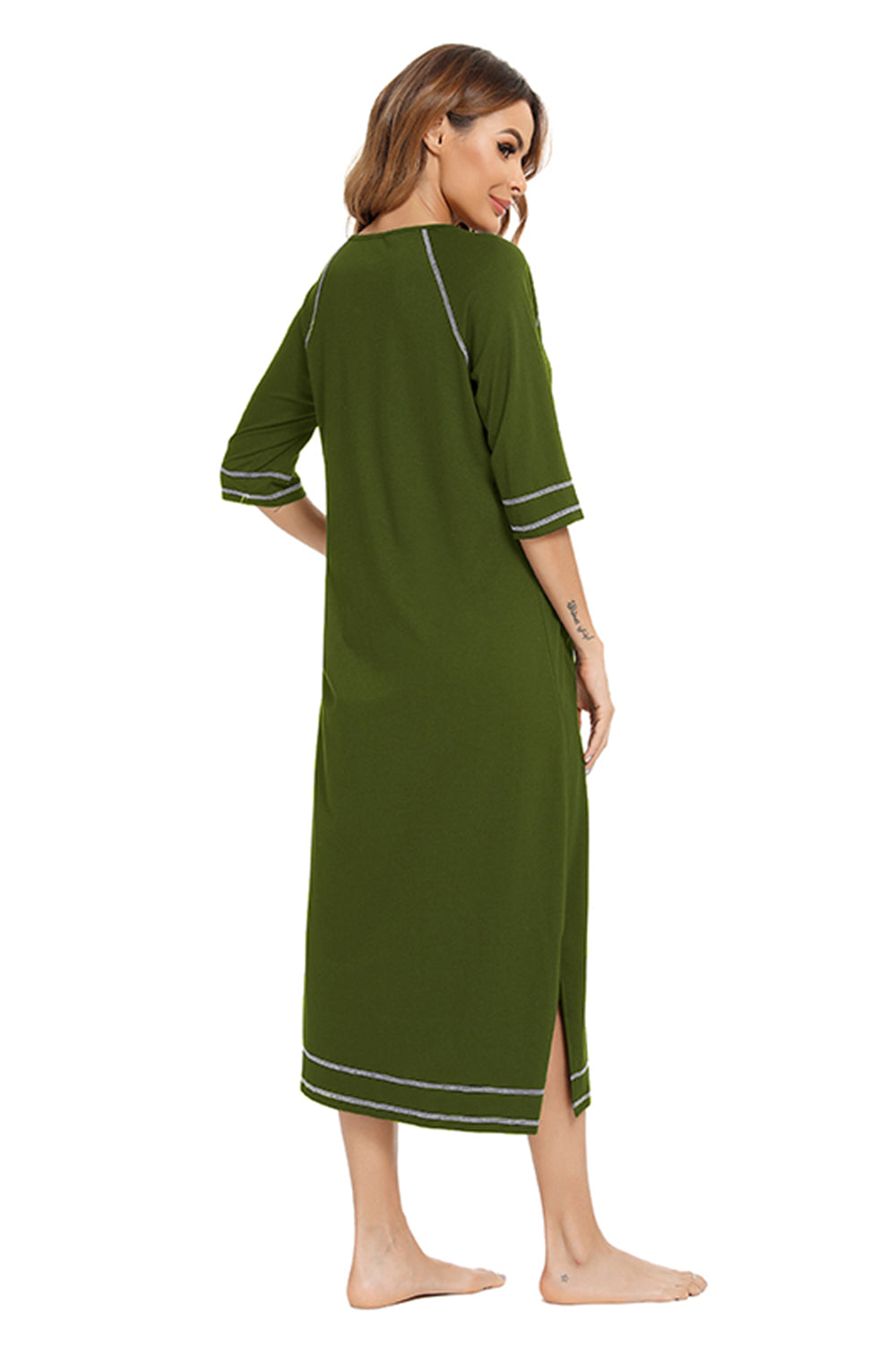 Army green zip-up night dress with round neck, contrast piping, and slit hem