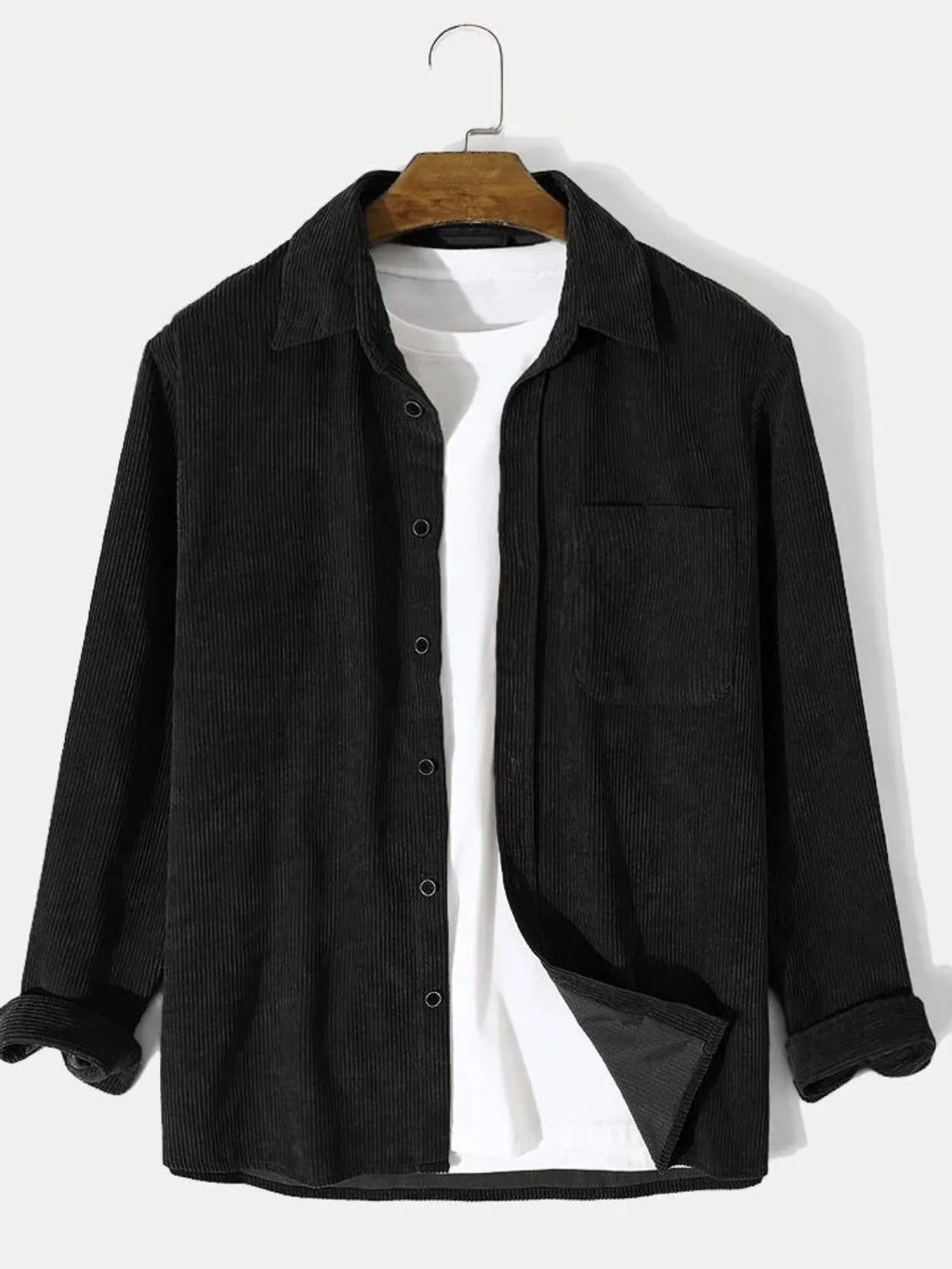 Men's black corduroy button-up long-sleeve shirt with chest pocket