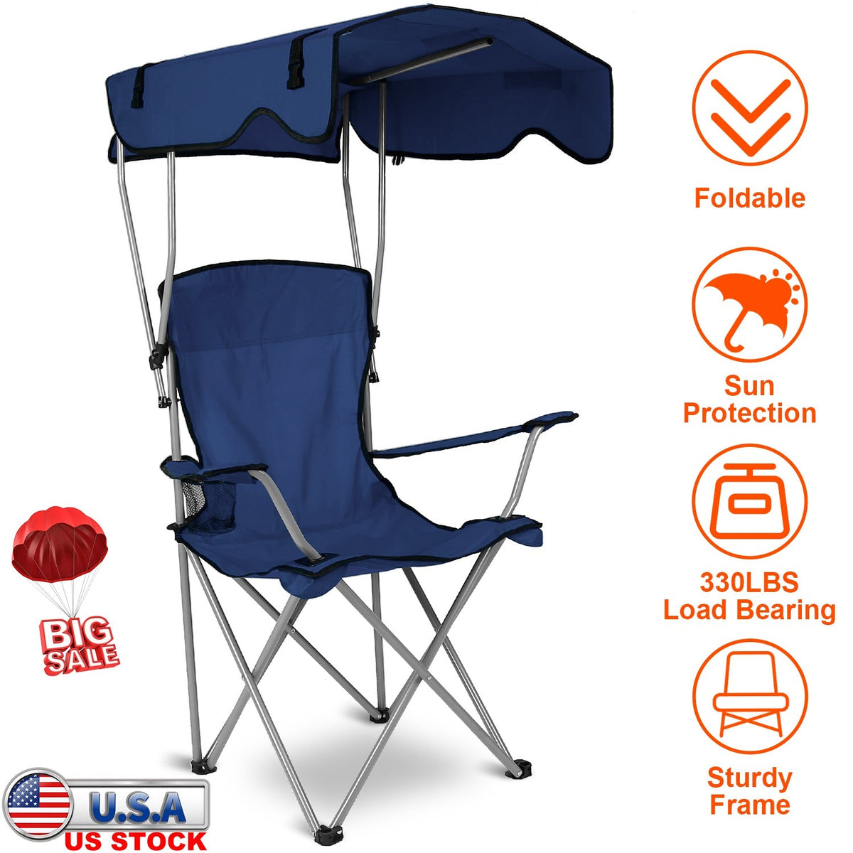 Foldable beach canopy chair, navy blue fabric with padded seat and attached sunshade