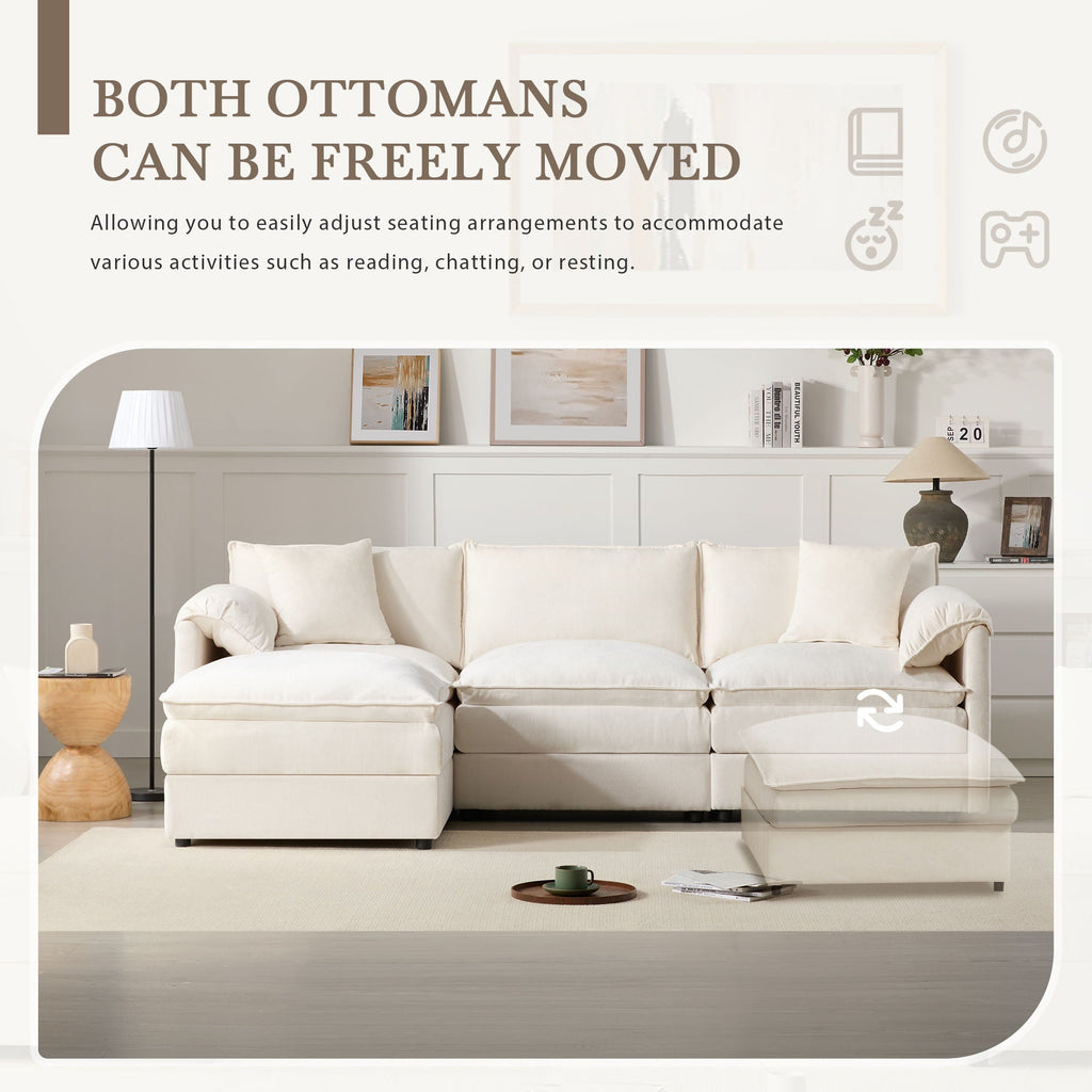 Cream sectional sofa with two movable ottomans in chaise positions