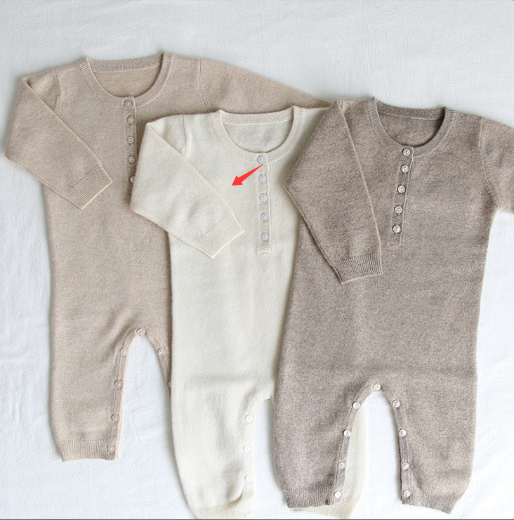 Cashmere pajama onesies set, round neck button front, long sleeves in cream and taupe