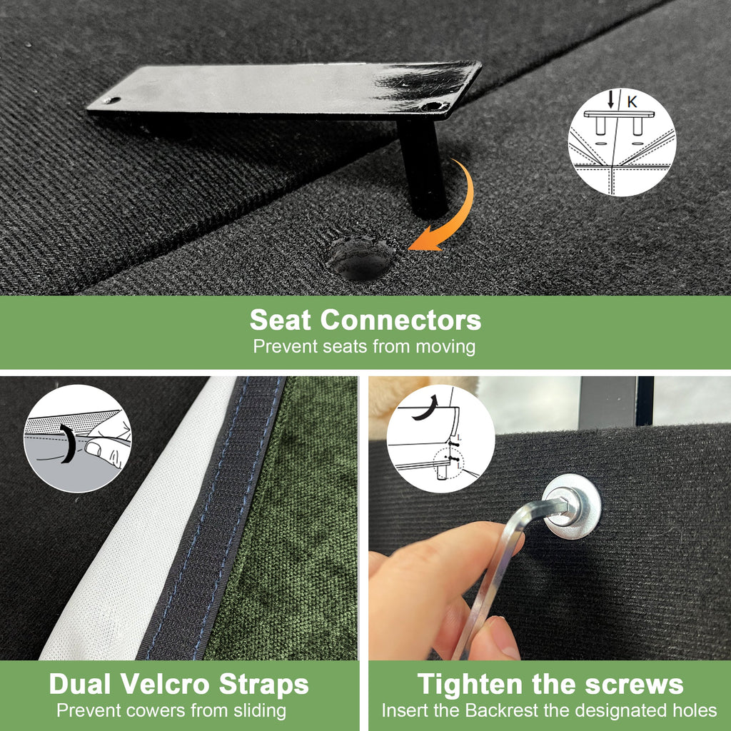 Sofa seat connector and dual straps securing the cushion edge to the base