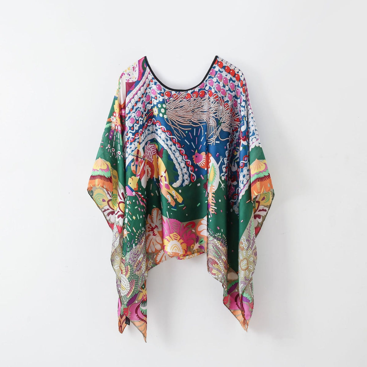 Multicolor printed pullover shawl cover-up with green and blue graphic center