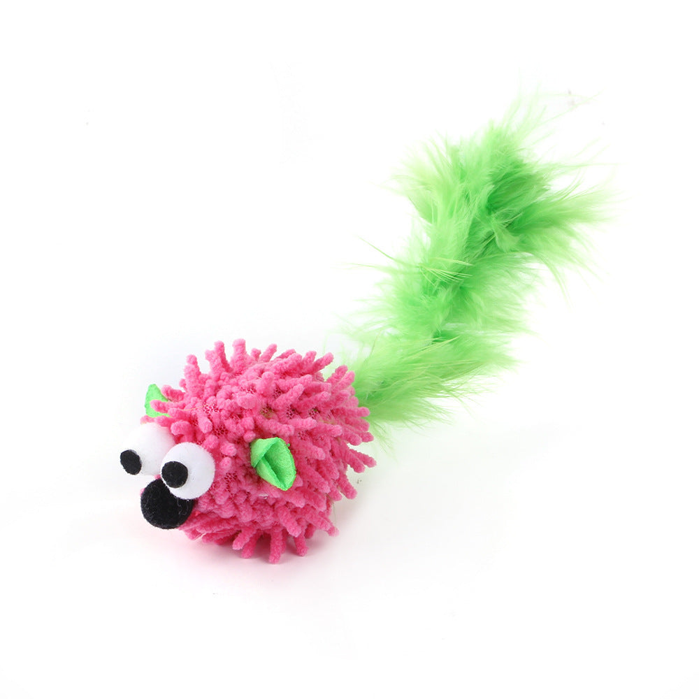 Plush cat toy mouse with pink body and long green fuzzy tail