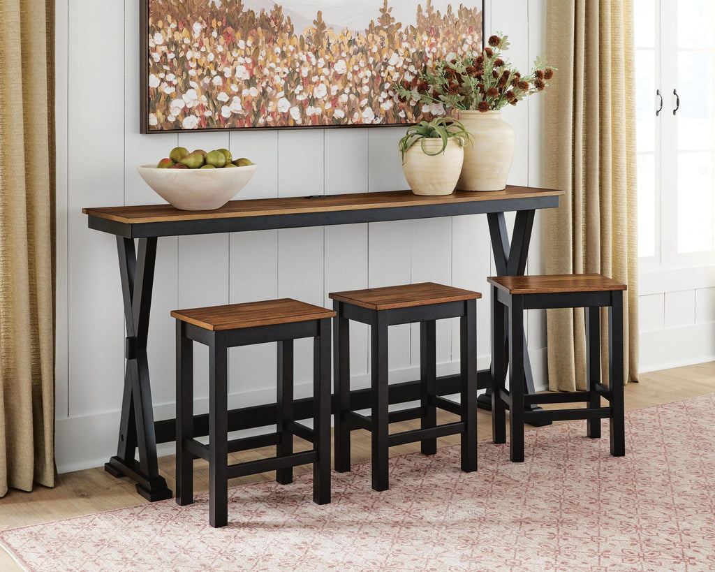 Rectangular dining counter table with four brown wood stools and black legs