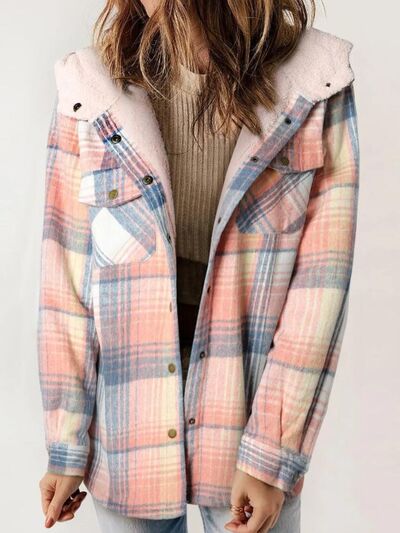 Women’s plaid snap-front hooded plush jacket with light pink and blue check pattern