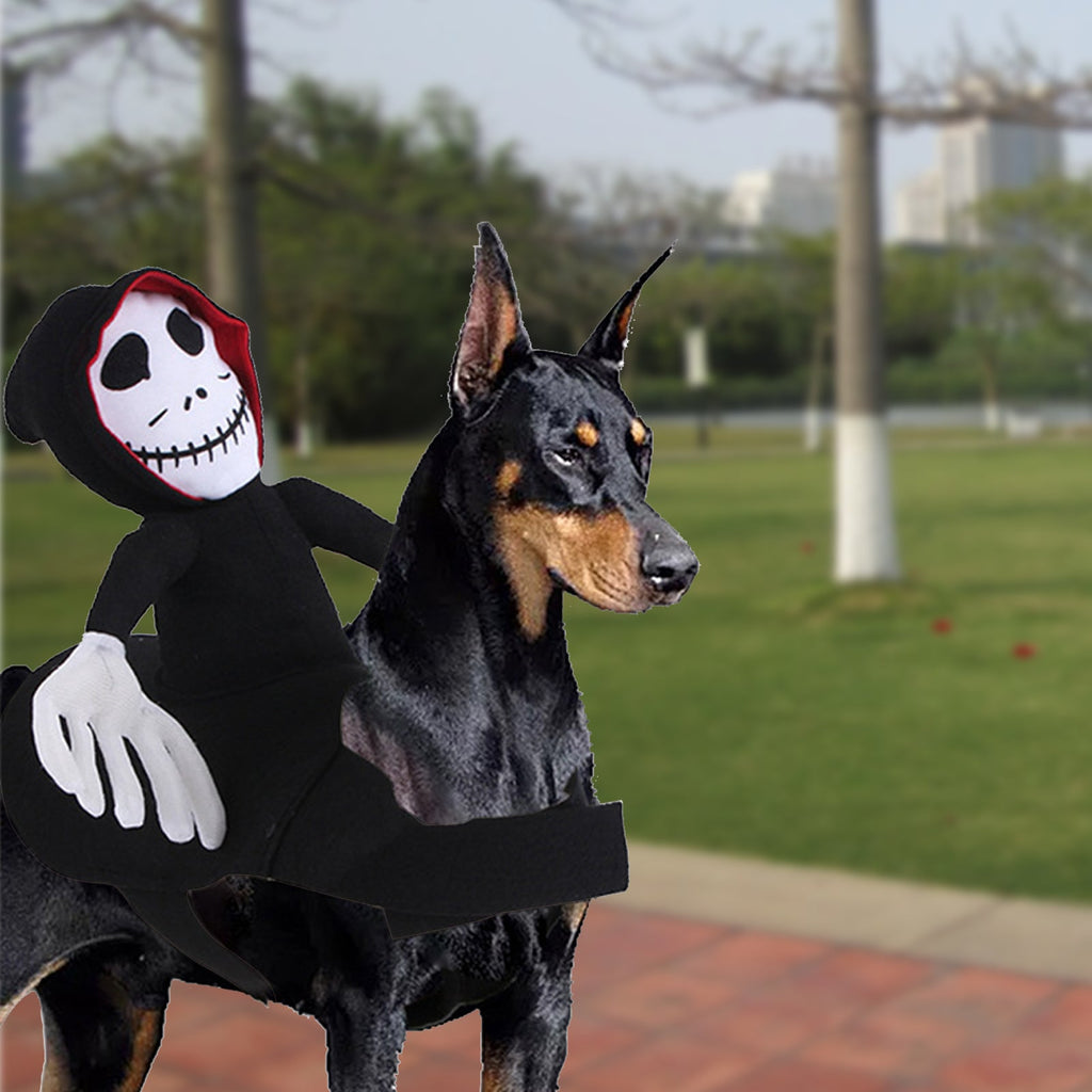 Black hooded pet Halloween costume with skull mask and white hand accents