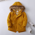 Boys insulated winter jacket with faux fur hood, mustard yellow, front button pockets