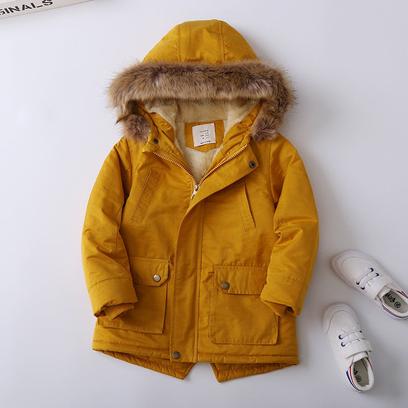 Boys insulated winter jacket with faux fur hood, mustard yellow, front button pockets