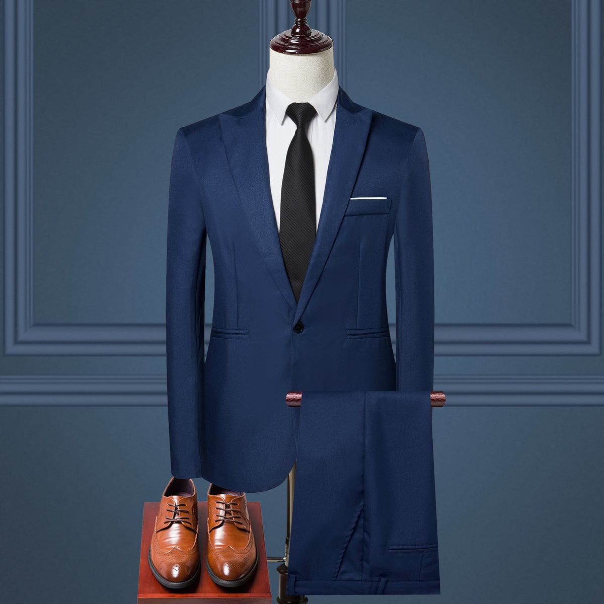 Men's navy two-piece suit set with matching blazer and shorts