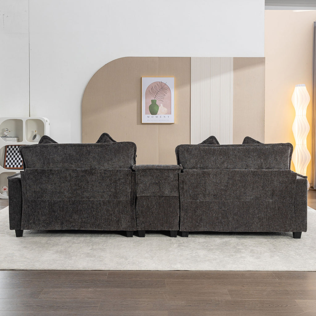 Dark gray sectional sofa with removable ottomans shown in a two-sided layout