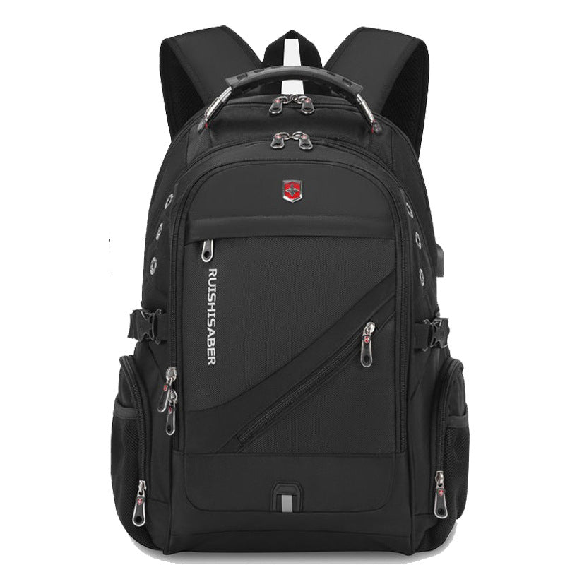 Black backpack with front zip pockets, diagonal strap, and padded shoulder straps