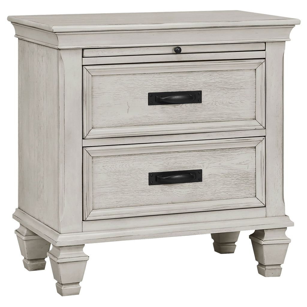 Distressed white nightstand with two drawers and black bar pulls