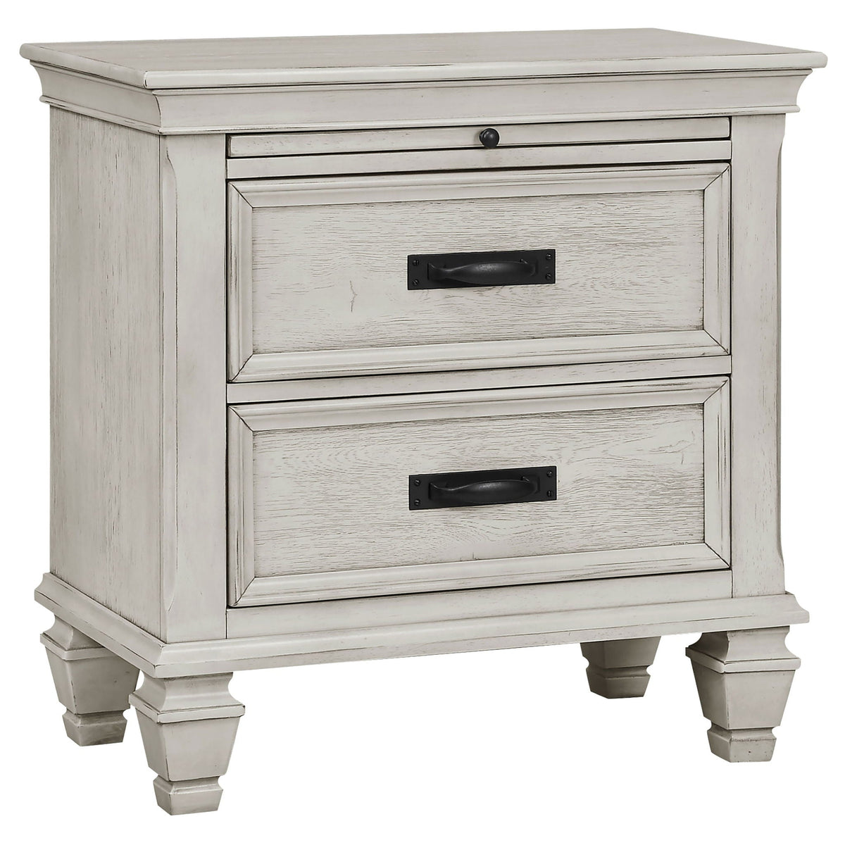Distressed white nightstand with two drawers and black bar pulls