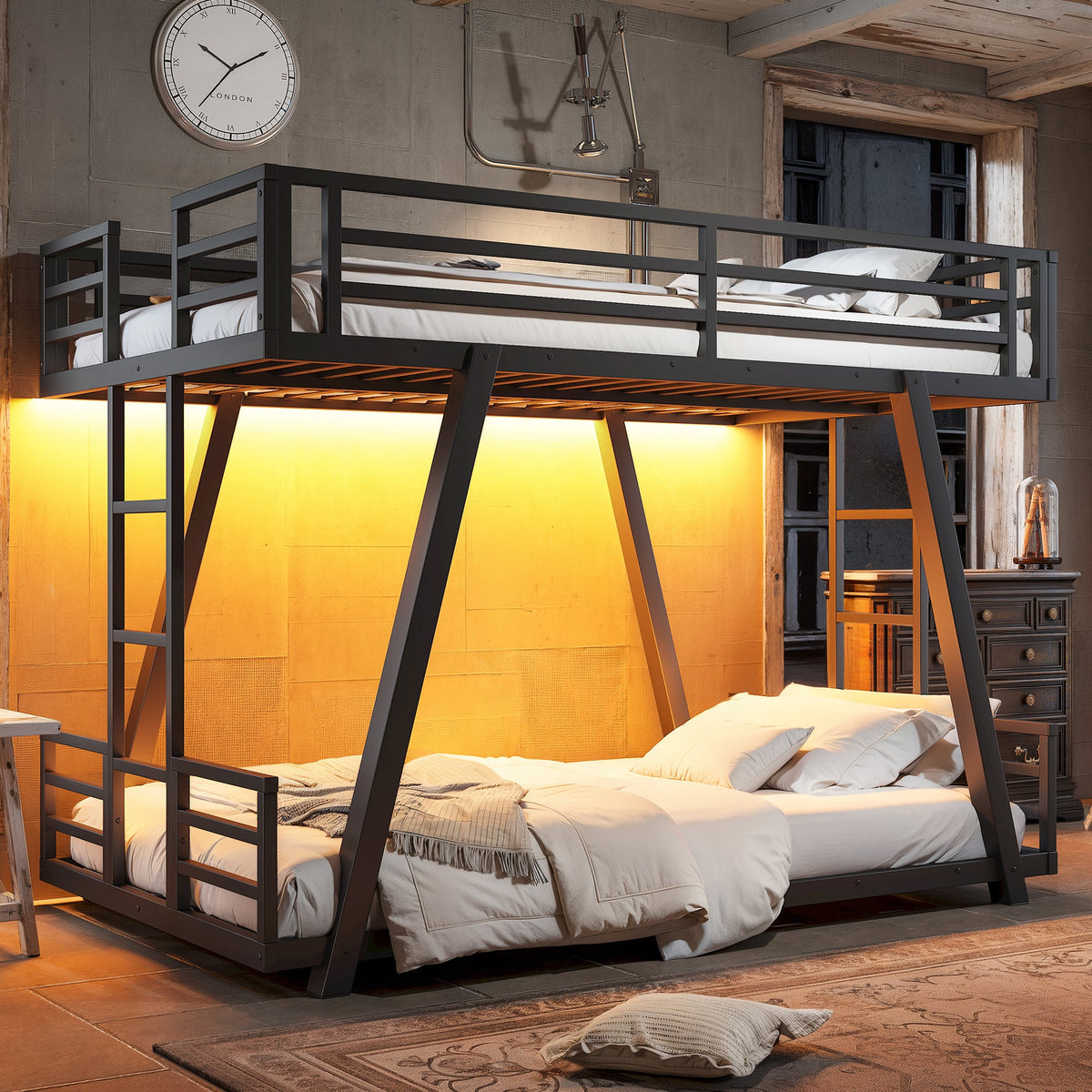 Black metal twin-over-twin bunk bed with guardrails, side ladders, angled support legs and LED lighting