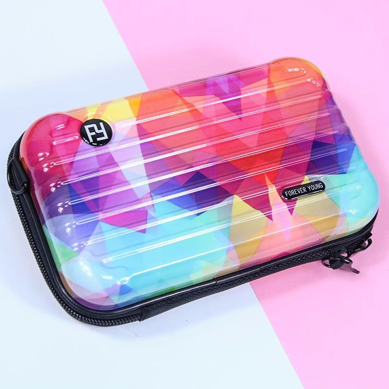 Cosmetic bag with colorful gradient stripe print, black trim, zip top
