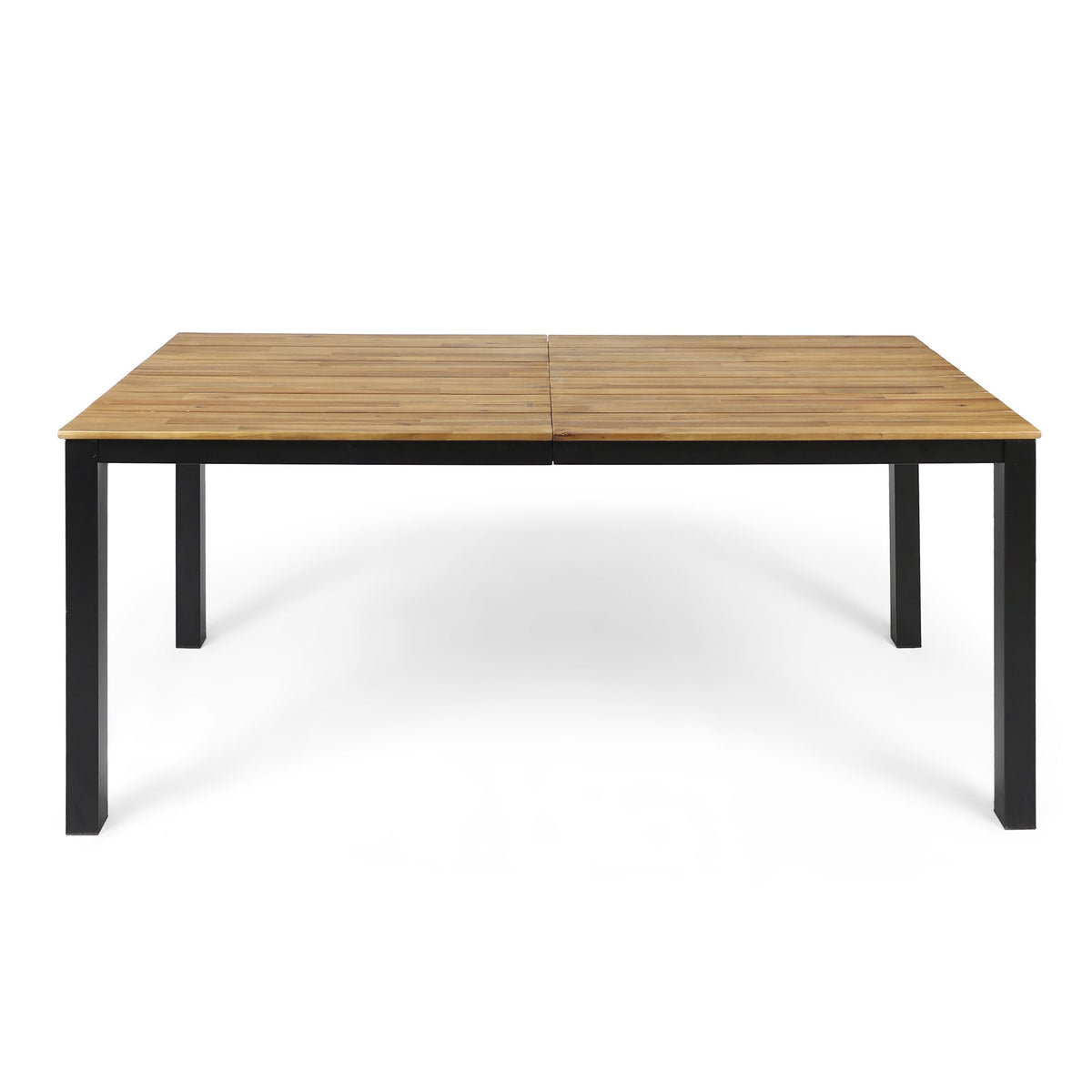 Rectangular acacia wood patio dining table with slatted top and dark legs.