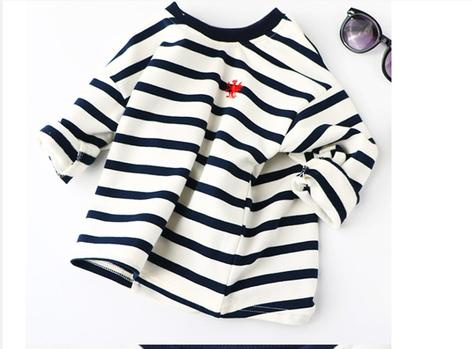 Children's navy-and-white striped pullover sweater with red crest chest patch