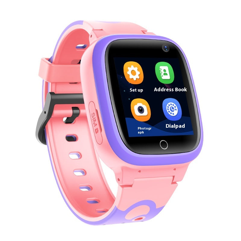 Pink children's smart watch with square touch screen, purple bezel, and silicone band
