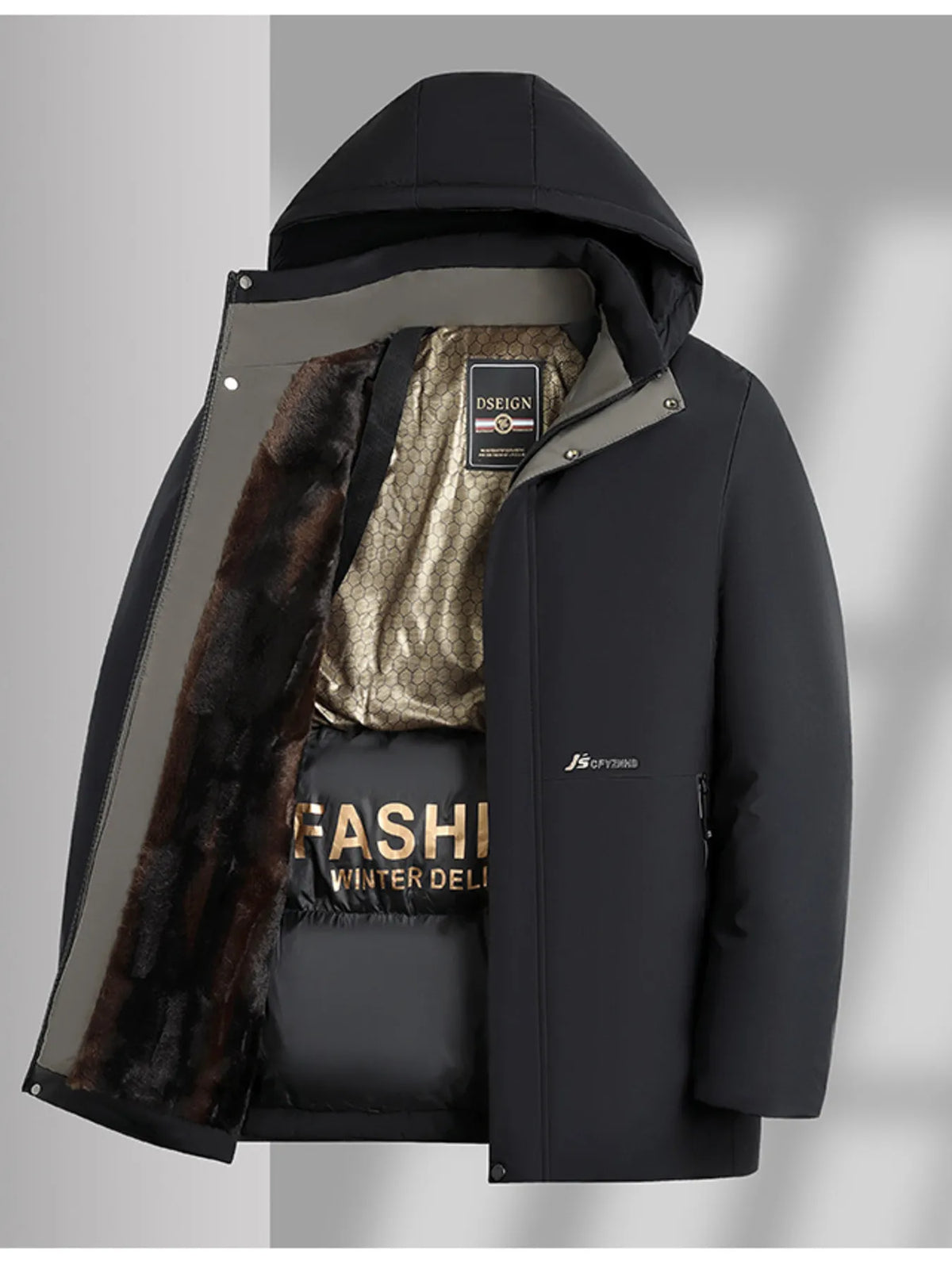 Black coat with hood open, revealing thermal lining and faux-fur inner panels