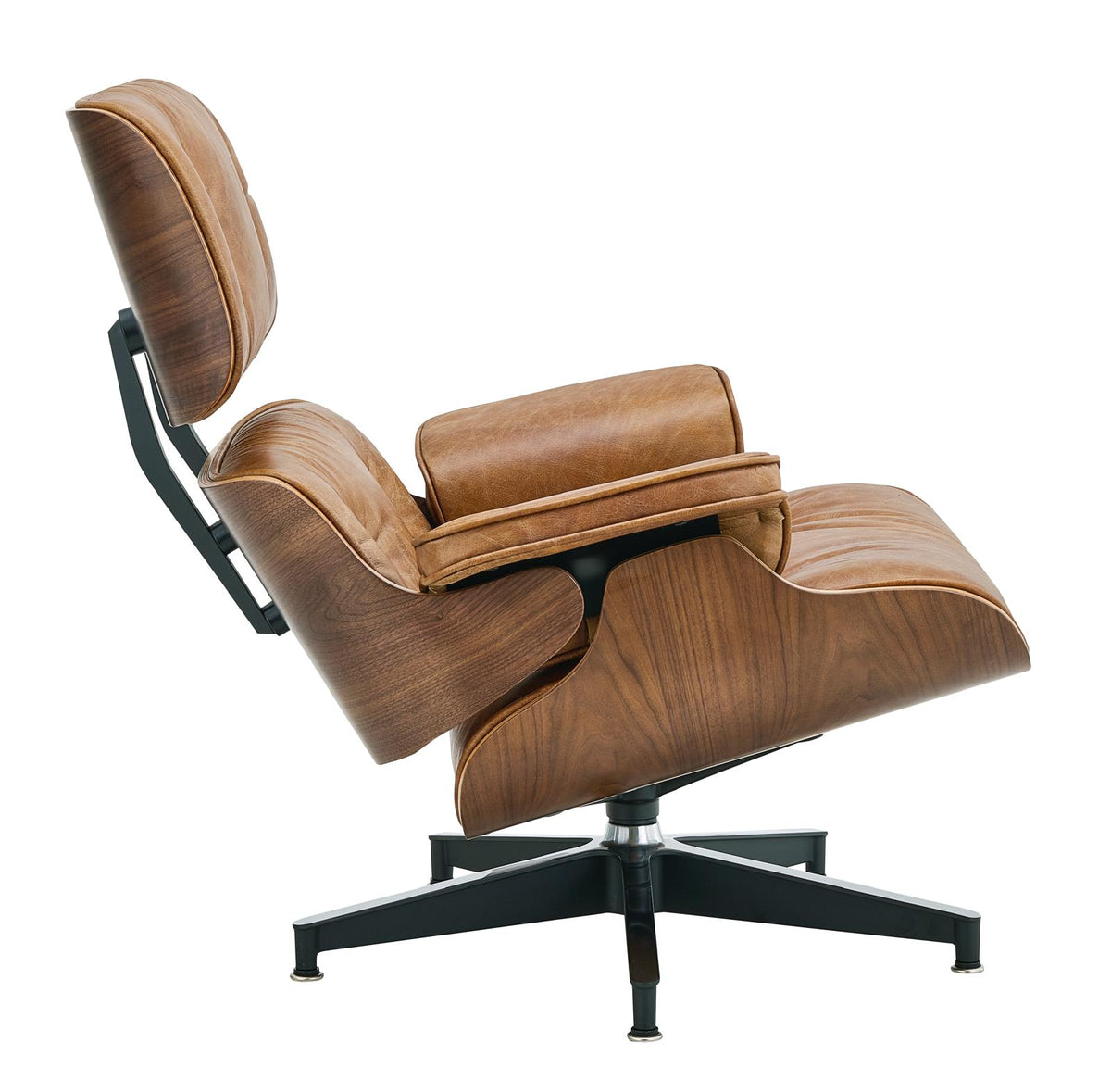 Brown leather swivel chair with tufted backrest, curved armrests, and black base