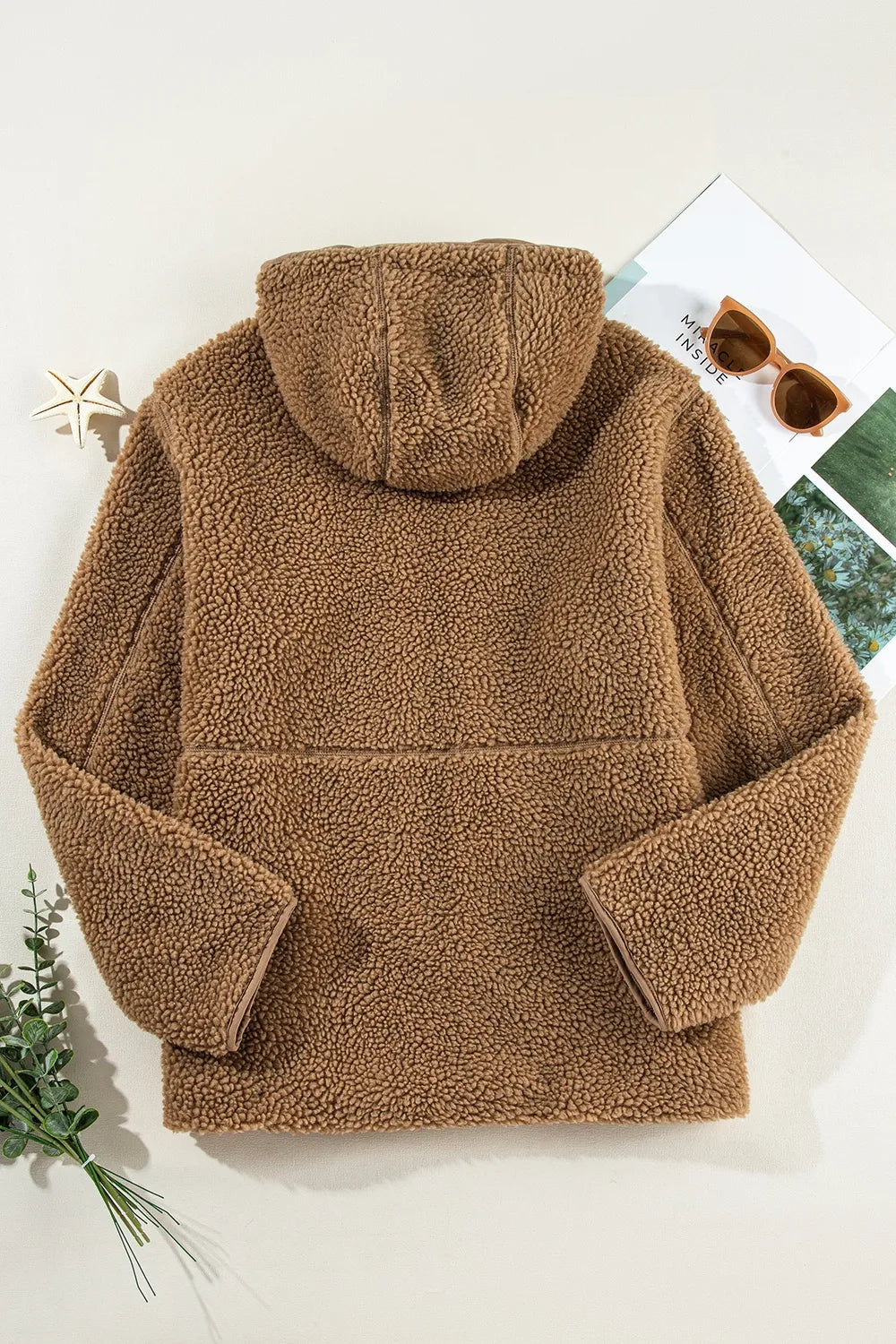 Khaki fleece zip-up hooded jacket, back view with drawstring hood