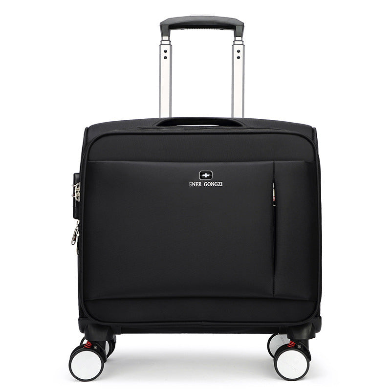 Black suitcase front view with telescoping handle, side pocket, and four spinner wheels.