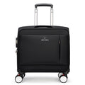 Black suitcase front view with telescoping handle, side pocket, and four spinner wheels.