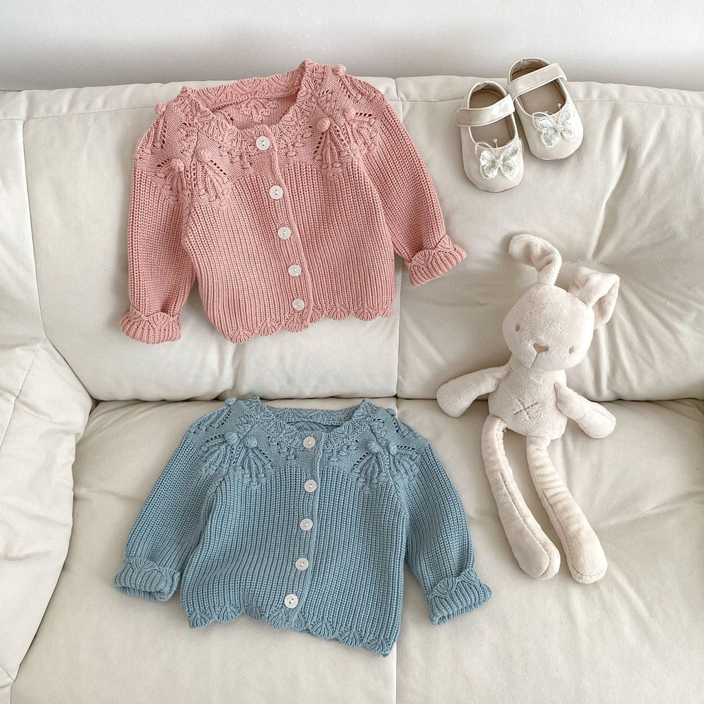 Baby knitted lace wool cardigans, pink and blue, button-front long sleeves