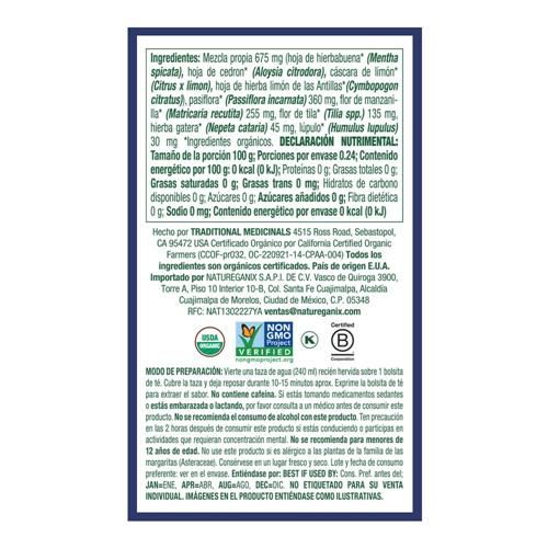 Traditional Medicinals Nighty Night tea box back ingredient panel with nutrition and directions