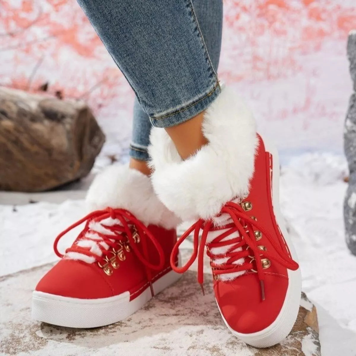 Red lace-up ankle boots with white fuzzy cuff and gold eyelets