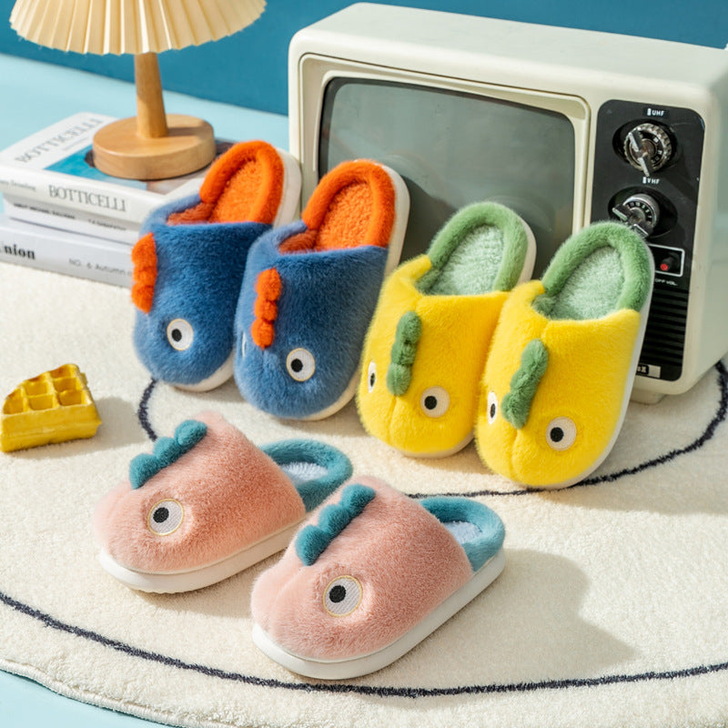Kids’ plush dragon slippers set in blue, orange, yellow, and pink