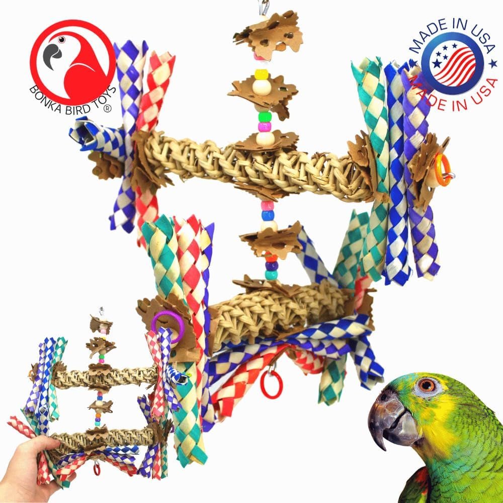 Wide parrot toy with woven bars, multicolor braided strips, beads and hanging chew pieces