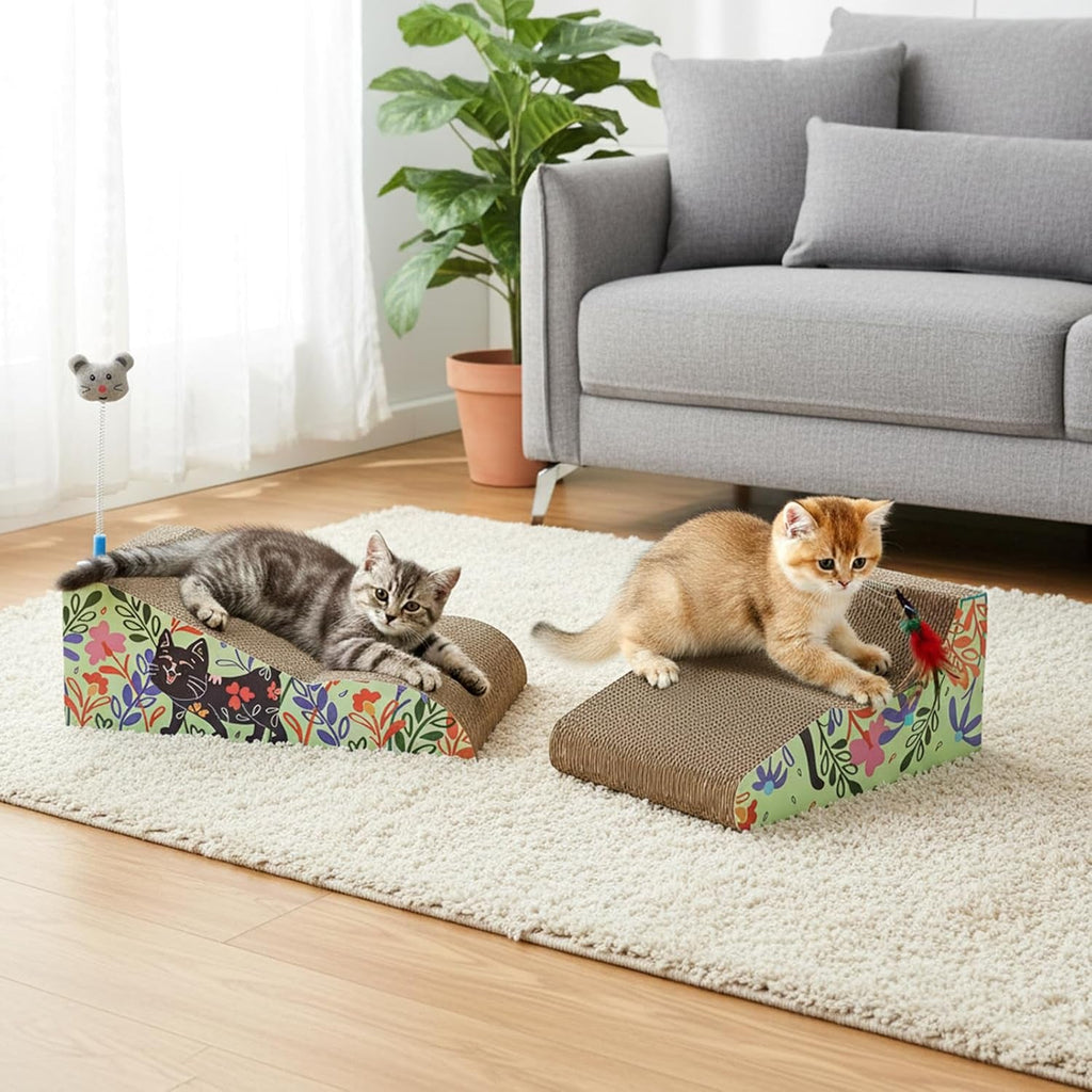 Two-piece cat scratcher lounge with corrugated pads and spring toys
