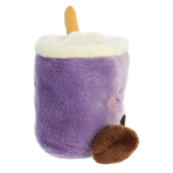 Purple plush boba cup toy with cream top, orange straw, and one brown arm